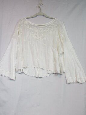 Free People Oversized Crop  Embroidered Ivory Top Long Sleeve Boat Neckline S/P